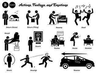 Stick figure human people man action, feelings, and emotions icons alphabet R. Return, home, thing, revamp, revel, reveal, revere, review, revise, revision, revert, revenge, and reverse.