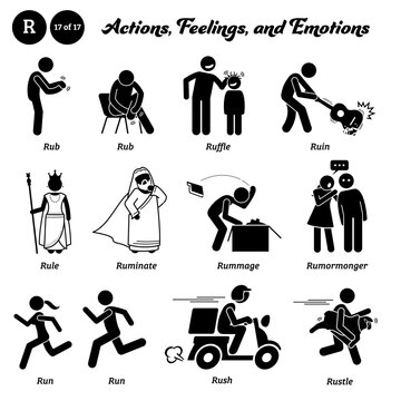 Stick figure human people man action, feelings, and emotions icons alphabet R. Rub, ruffle, ruin, rule, ruminate, rummage, rumormonger, run, rush, and rustle.