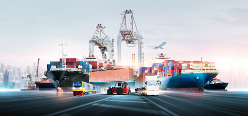Global business logistics transport import export and International trade concept, Logistic distribution of containers cargo freight ship, train, truck, airplane, Transportation industry background - obrazy, fototapety, plakaty