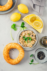 Baba ganoush - Levantine cuisine appetizer made from baked eggplant and sesame paste with herbs and olive