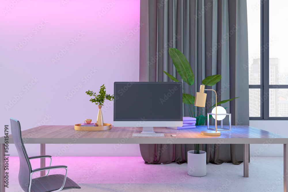 Poster close up of blank computer on designer desktop in office interior with curtains, furniture, decorati