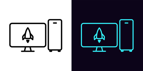 Outline gaming pc icon, with editable stroke. System unit and monitor screen frame with rocket sign, computer capacity test pictogram. Accelerate system, high game performance.