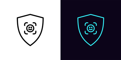 Outline shield security icon, with editable stroke. Shield frame with Face ID sign, facial scanner. Cyber security, secure check, face recognition and safe personal identify.