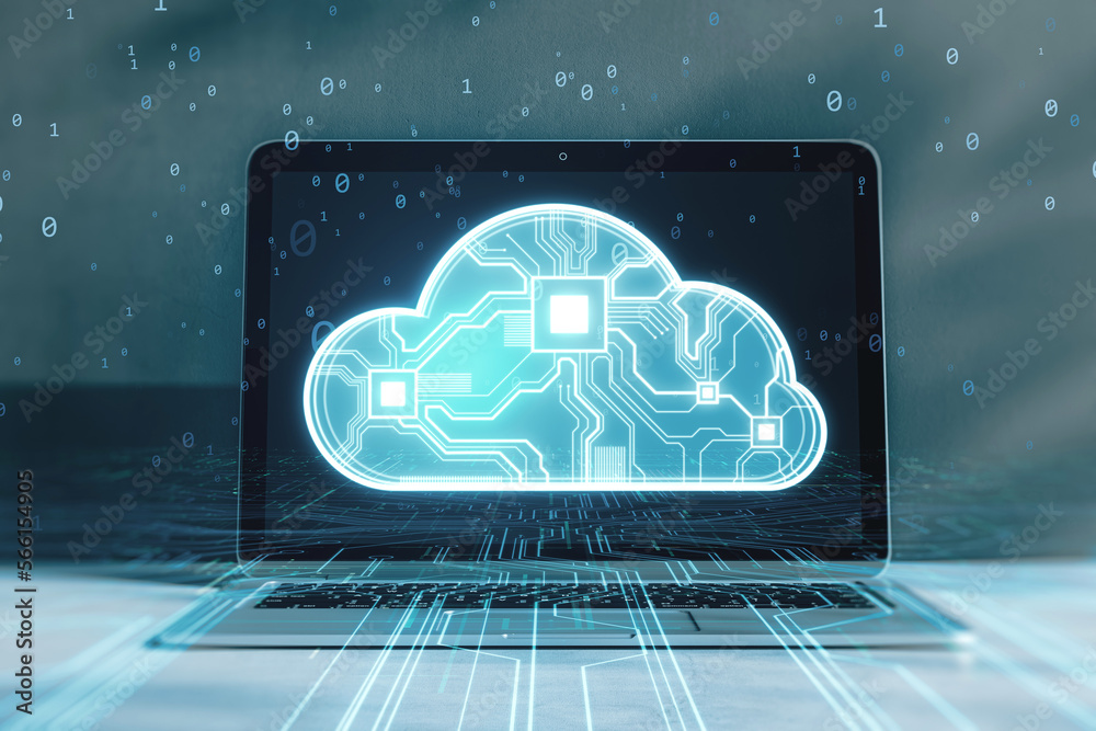 Aufkleber close up of laptop with hologram. glowing cloud hologram. cloud computing technology internet on con
