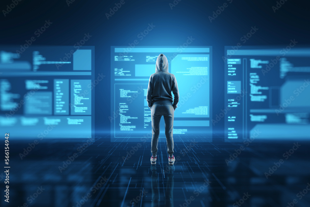 Poster Back view of hacker looking at digital database folded on blurry blue background with reflections. Digital transformation, hacking, data theft and media concept.