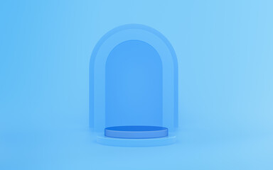 Empty podium or pedestal display on blue background with cylinder stand concept. Blank product shelf standing backdrop. 3D rendering. Minimal scene for product display presentation.