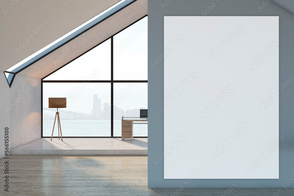 Poster modern loft attic office interior with empty white mock up poster, furniture, panoramic window and c