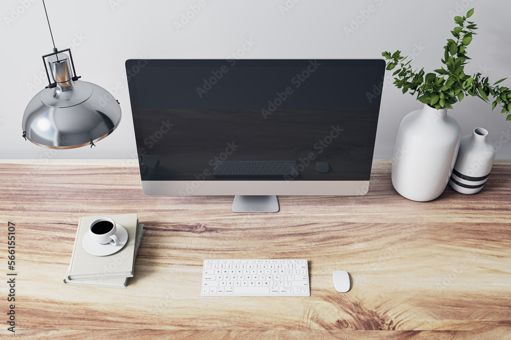 Aufkleber Close up of designer office interior with various objects, coffee cup and empty mock up place on computer monitor. Wooden desktop. 3D Rendering.