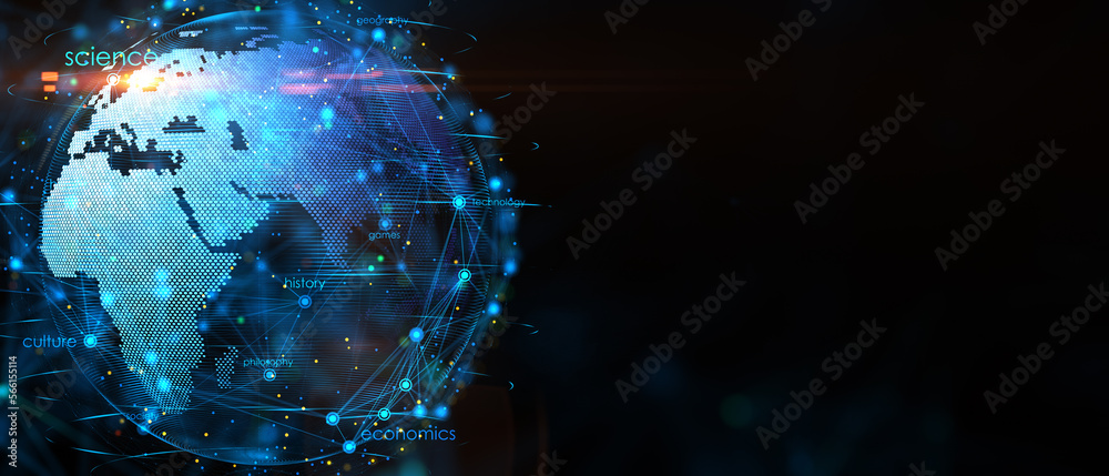 Aufkleber global social network concept with blank dark technological background with space for advertising po