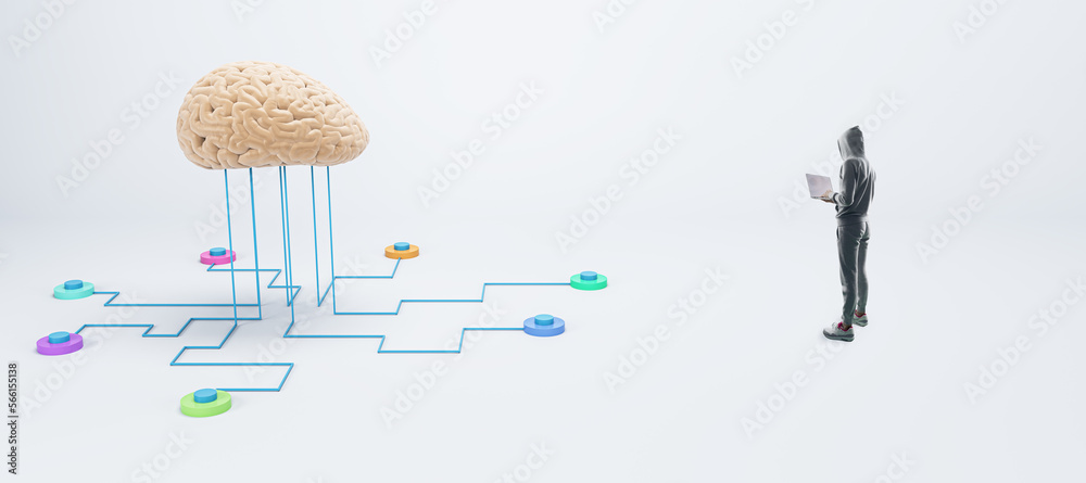 Aufkleber Hacker in hoodie using laptop with abstract human brain connected to wires on wide white background. Machine learning, hacking and ai concept.