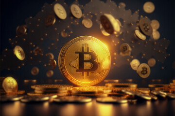 Rising golden bitcoin symbolizing the dominance of bitcoin, cryptocurrency trading and investing concept.