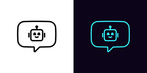 Outline bot message icon, with editable stroke. Bubble message frame with chat bot sign, robot head pictogram. Virtual assistant, live chatbot support, smart bot with command control.