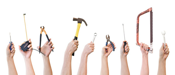 Hands holding different mechanic tool isolated on transparent background PNG file - Powered by Adobe
