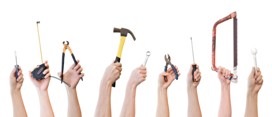 Hands holding different mechanic tool isolated on transparent background PNG file