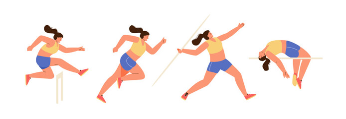 Types of athletics running with an obstacle, high jump, javelin throwing. Sports girl character, competitions, championship