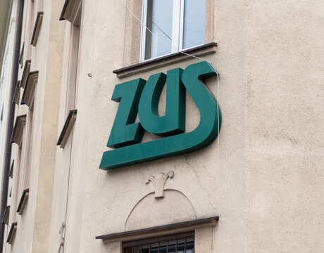 ZUS logo on a branch building in Krak&oacute;w. Polish Social Insurance Institution, Zakład Ubezpieczeń Społecznych on January 29, 2023 in Krakow, Poland.