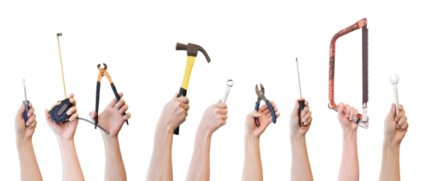 Hands holding different mechanic tool isolated on transparent background PNG file - Powered by Adobe