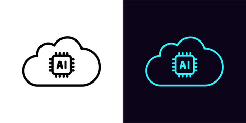 Outline cloud AI icon, with editable stroke. Cloud frame with AI chip sign, artificial intelligence pictogram. Cloud calculation server, computing and data center, smart algorithm system.