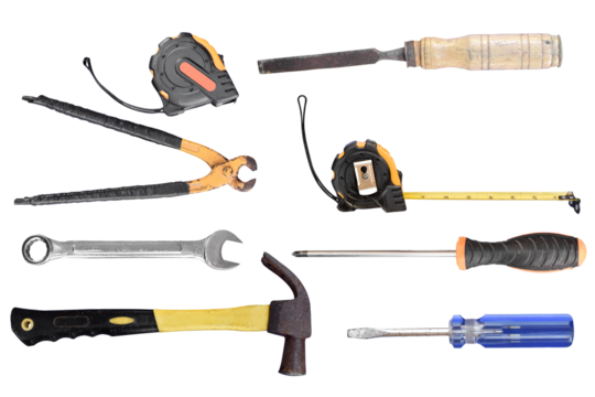 Set of old craftsman tools isolated on transparent background PNG file
