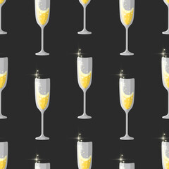 Glasses of champagne vector seamless pattern. Bright, sparkling, festive, colorful design. Best for greeting cards, textile, bar decoration, wallpapers, wrapping paper, package and web design.