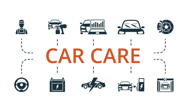 Car Care icon set. Monochrome simple Car Care icon collection. Technician, Car Painting, Car Computer Diagnostic, Window Wiper, Braking Disc, Steering Wheel, Car Battery, Electric Car, Electric Car