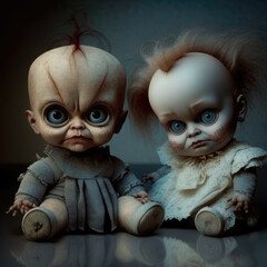 2 Scary Baby Dolls Looking. Generative AI