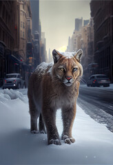 A Big Savage Cat Walking Alone In A City Under Snow. Generative AI