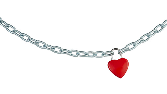 Abstract, red heart shaped combination lock, Symbol valentine and happy or unhappy, metal chain padlock. Material for creative idea photo love concept. Isolated on white background with transparent.