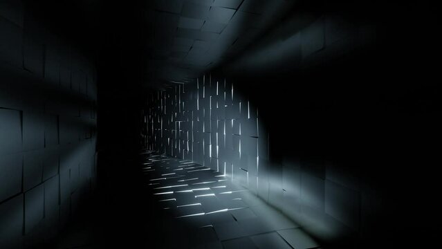 Abstract animation moving forward with lantern in dark horror tunnel with old tiles and going out into blackness. Motion graphic render