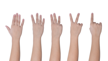 Children hand showing one to five fingers count isolated on transparent background PNG file