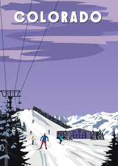 Colopado Ski travel resort poster vintage. Aspen USA winter landscape travel card
