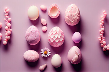 Easter Eggs Made Of Pale Rose Quartz. Knolling. Generative AI