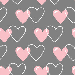 Stylish graphic seamless pattern with hearts. Grey and pink sketchy background for wrapping paper, fabrics, wallpapers, postcards and more.