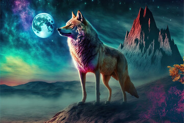 Beautiful wolf in a magical fantasy landscape with a colorful sky, Generative AI