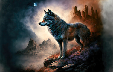Beautiful wolf in a magical fantasy landscape with fog, Generative AI