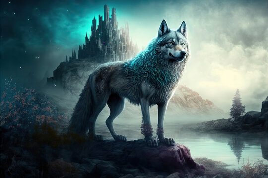 Beautiful wolf standing on a rock next to a lake, Generative AI