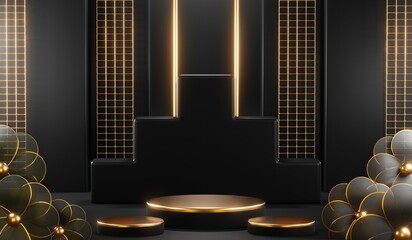 3D rendering of black podium background for black friday product on podium