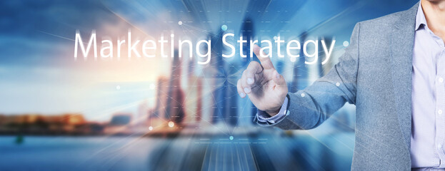 Marketing strategy concept. The man clicks on the screen.