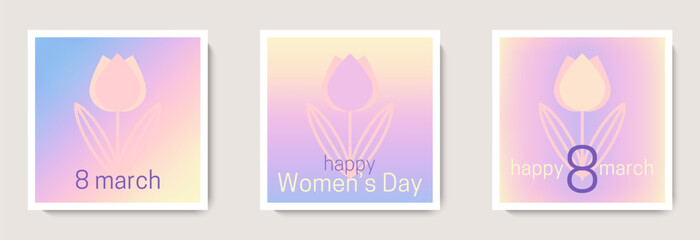 Happy International Women's Day banner background set. 8 march holiday frames with tulip flower. Modern gradient design for card, poster, cover, social media post template, web ads