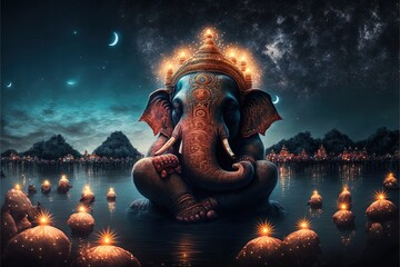 There are many galactic stars in the night sky of a huge massive GANESHA statue, with red lanterns rising in the sky, crowds watching the lantern festival. Generative AI Ganesha Festival. - obrazy, fototapety, plakaty