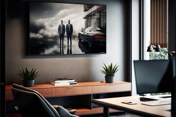 Showcasing the modern office spaces of successful entrepreneurs, featuring displays on the wall including a TV screen displaying images of two business leaders. Created with Generative ai.