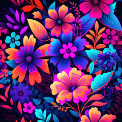 Floral Pattern Neon Colors Seamless. Generative AI