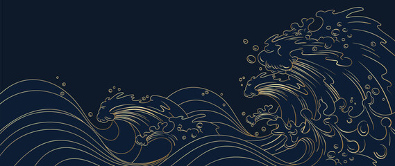 Traditional Japanese wave pattern vector. Luxury golden hand drawn oriental ocean wave line art pattern background. Art design illustration for print, fabric, poster, home decoration and wallpaper.