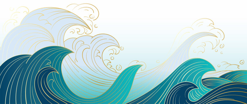 Traditional Japanese wave pattern vector. Luxury hand drawn oriental ocean wave gold line art pattern background. Art design illustration for print, fabric, poster, home decoration and wallpaper.