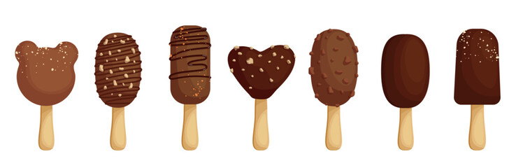 A set of ice cream in chocolate. Various milk desserts cartoon popsicles. Vector graphics.