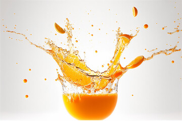 Orange juice splashing glass in a cup on white background. Generative AI technology.