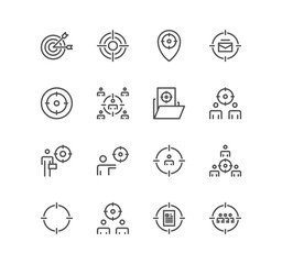 Set of target related icons, dart, marketing, goal, targeting strategy, audiene and linear variety vectors.