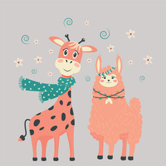 Funny animals, giraffe and llama. Vector illustration in hand-drawn style