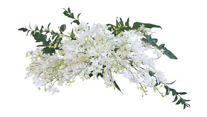 Tropical plant bush floral arrangement with white dendrobium orchids tropical flowers and tropical leaves philodendron and ruscus leaves.