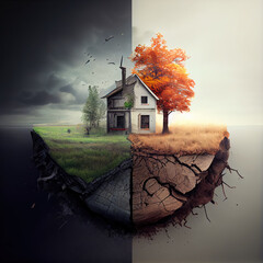 Autumn landscape with a house.  Generative AI